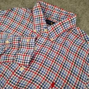 Ralph Lauren Classic Fit Linen Gingham Blue Red Long Sleeve Button Shirt Men's L